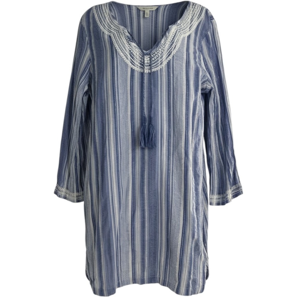 Hatley Womens Blue White Striped Embroidered Tassel Tunic Top Metallic Accents L